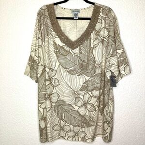 CATHERINES‎ PLUS SIZE 3X TOP TROPICAL BEIGE TAN WHITE FLORAL BLOUSE LACE VACA